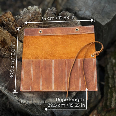 Handmade 6 Pocket Leather Chisel Roll made from genuine Crazy Horse leather, holding carving tools