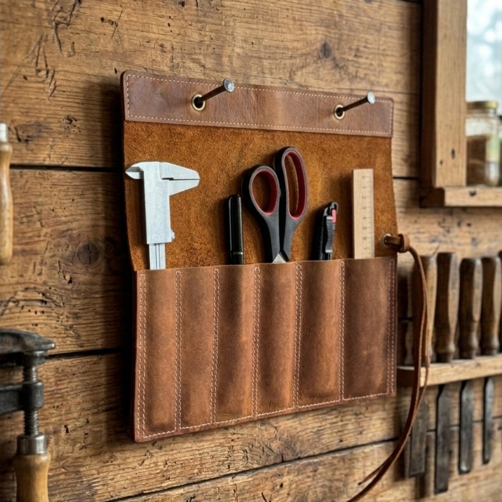 Handmade 6 Pocket Leather Chisel Roll made from genuine Crazy Horse leather, holding carving tools