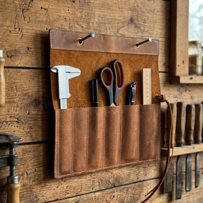 Handmade 6 Pocket Leather Chisel Roll made from genuine Crazy Horse leather, holding carving tools