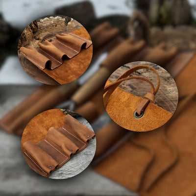 Handmade 6 Pocket Leather Tool Roll by Sharky Forged Steel Tools showing rustic leather and six tool pockets