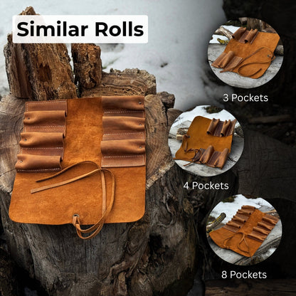 Handmade 6 Pocket Leather Tool Roll by Sharky Forged Steel Tools showing rustic leather and six tool pockets