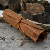 Handmade 6 Pocket Leather Tool Roll by Sharky Forged Steel Tools showing rustic leather and six tool pockets