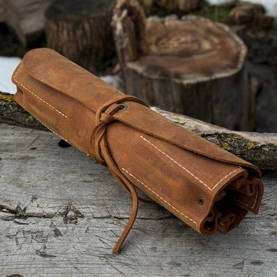 Handmade 6 Pocket Leather Tool Roll by Sharky Forged Steel Tools showing rustic leather and six tool pockets