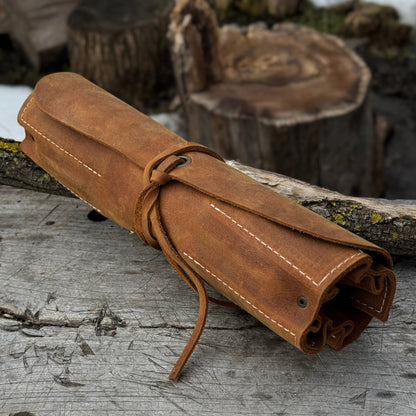 Handmade 6 Pocket Leather Tool Roll by Sharky Forged Steel Tools showing rustic leather and six tool pockets