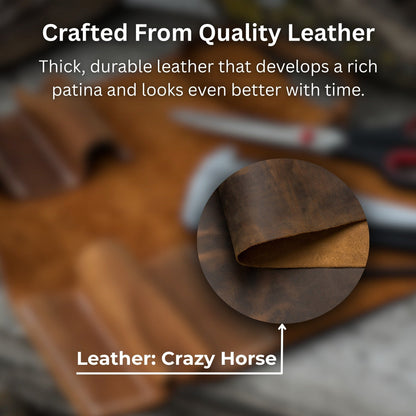 Handmade 6 Pocket Leather Tool Roll by Sharky Forged Steel Tools showing rustic leather and six tool pockets