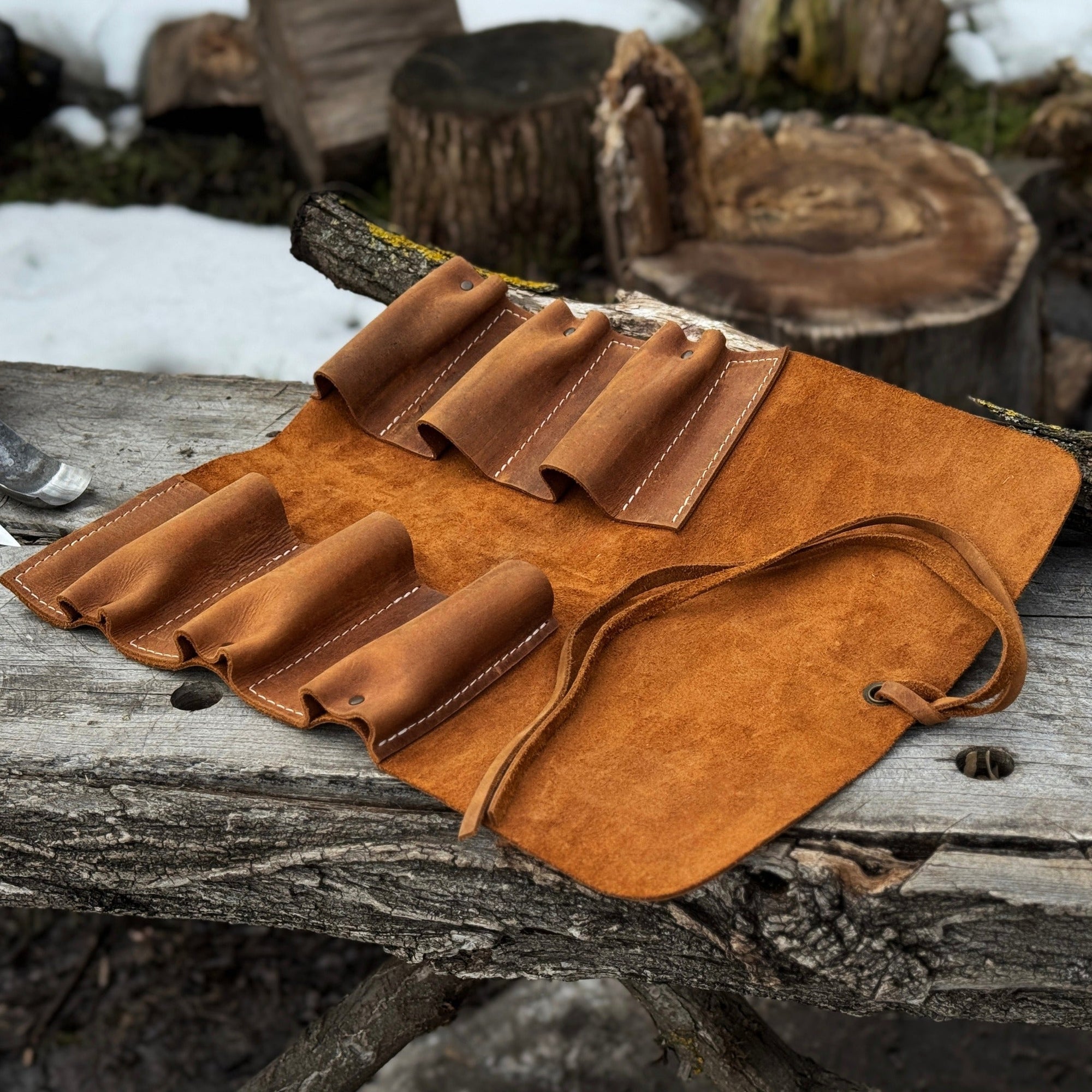 Handmade 6 Pocket Leather Tool Roll by Sharky Forged Steel Tools showing rustic leather and six tool pockets