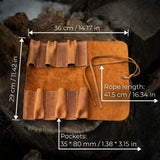 Handmade 6 Pocket Leather Tool Roll by Sharky Forged Steel Tools showing rustic leather and six tool pockets