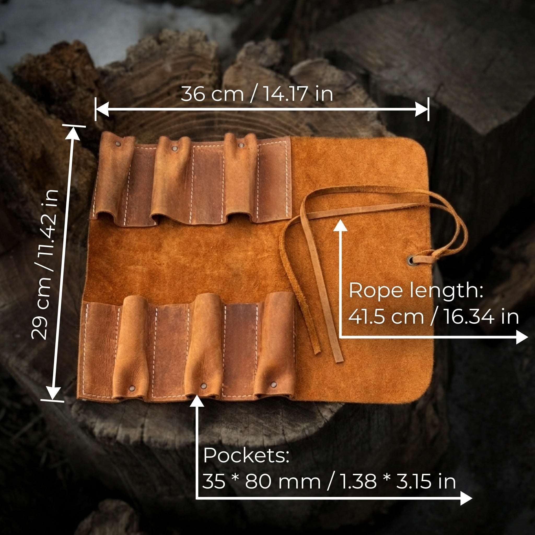 Handmade 6 Pocket Leather Tool Roll by Sharky Forged Steel Tools showing rustic leather and six tool pockets