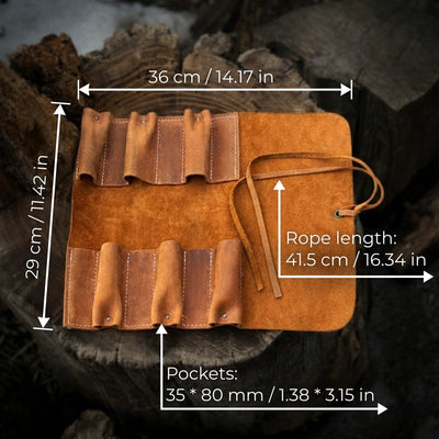 Handmade 6 Pocket Leather Tool Roll by Sharky Forged Steel Tools showing rustic leather and six tool pockets