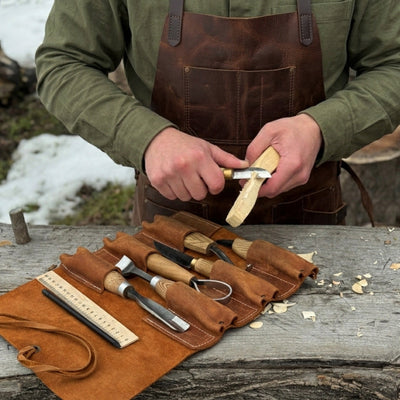 Handmade 6 Pocket Leather Tool Roll by Sharky Forged Steel Tools showing rustic leather and six tool pockets