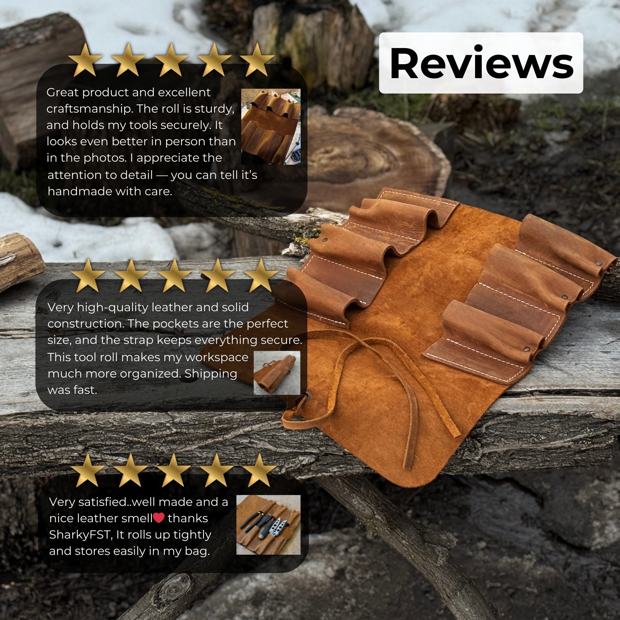 Handmade 6 Pocket Leather Tool Roll by Sharky Forged Steel Tools showing rustic leather and six tool pockets