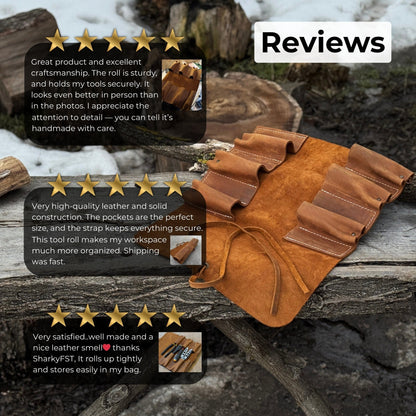 Handmade 6 Pocket Leather Tool Roll by Sharky Forged Steel Tools showing rustic leather and six tool pockets