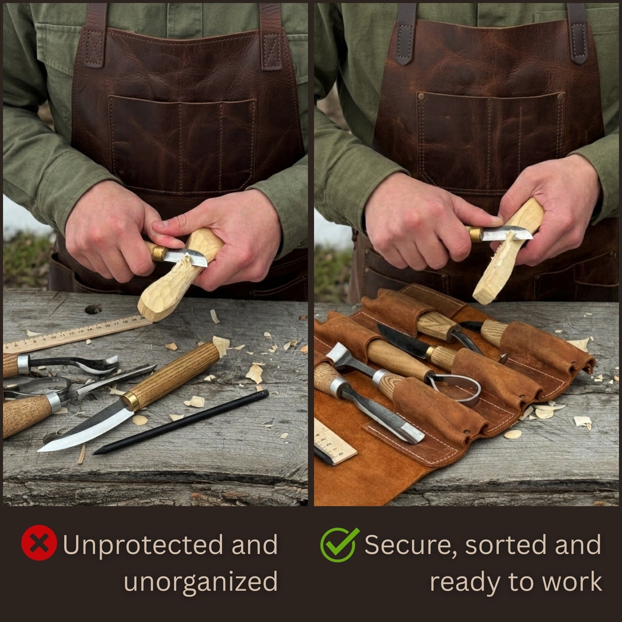 Handmade 6 Pocket Leather Tool Roll by Sharky Forged Steel Tools showing rustic leather and six tool pockets
