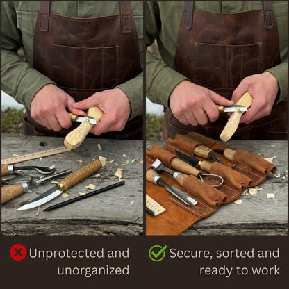Handmade 6 Pocket Leather Tool Roll by Sharky Forged Steel Tools showing rustic leather and six tool pockets
