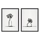 Two black-framed sketches on white canvas, each depicting a simple bottle vase with round berry-like branches, one tall and narrow, the other wide and rounded.