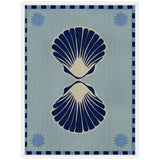 Symmetrical navy blue and beige seashells centered on a light blue rectangular canvas with a checked navy and blue border and four sunburst motifs in each corner.