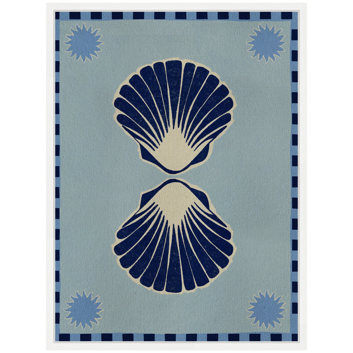 Symmetrical navy blue and beige seashells centered on a light blue rectangular canvas with a checked navy and blue border and four sunburst motifs in each corner.