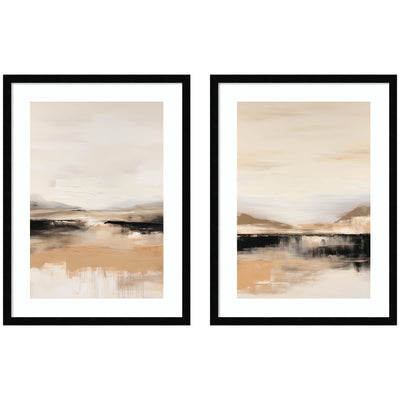 Peaceful Landscape No.
1 & No.
2 framed wall art prints by Amy Lighthall, shown in svelte noir black frames