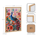 Colorful peacock surrounded by vibrant pink, red, and orange flowers in a natural oak frame with minimalist gallery profile, shown with sawtooth hangers on the back.