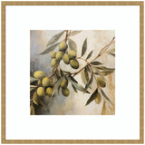 Framed wall art print of an olive tree branch with green olives and slender leaves against a soft, muted background in earthy tones.