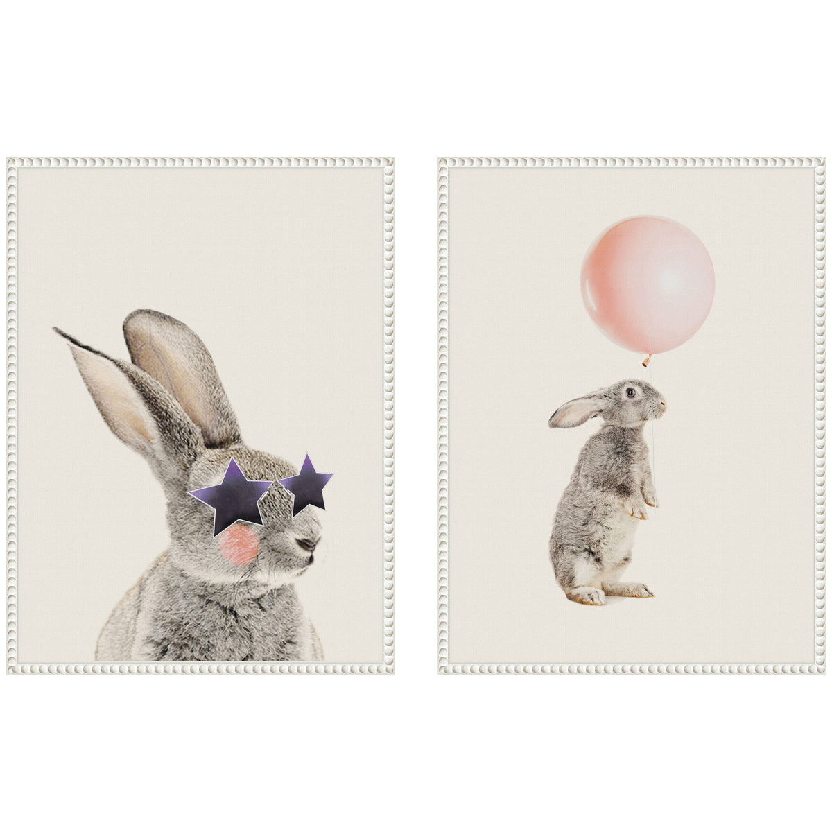 Two framed canvas artworks of a bunny: one with star-shaped sunglasses and pink cheeks, the other holding a pink balloon while standing upright.
