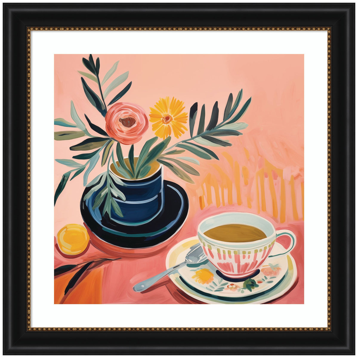 Framed painting of a floral arrangement with pink and yellow flowers in a dark blue vase beside a patterned teacup with coffee on a pink background.