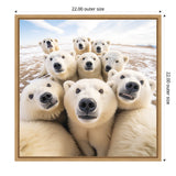 Close-up selfie of eight white polar bears clustered closely on snowy ground, with blue sky and light clouds in the background.