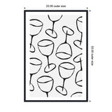 Framed canvas print featuring a black and white minimalist pattern of wine glasses tilted at various angles on a white background.