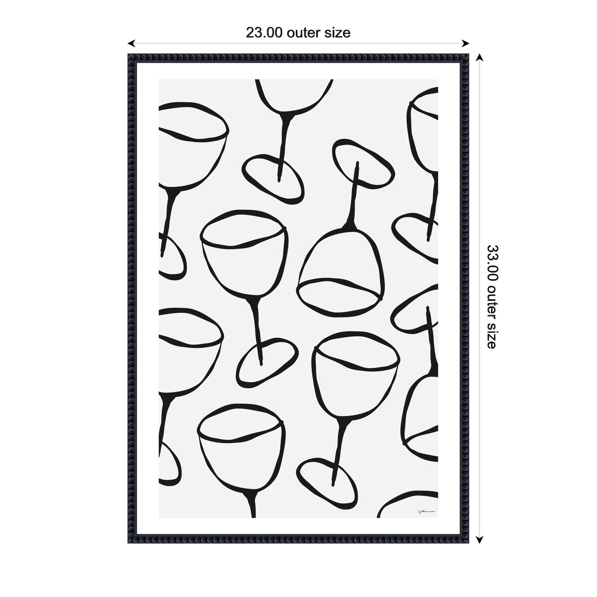 Framed canvas print featuring a black and white minimalist pattern of wine glasses tilted at various angles on a white background.