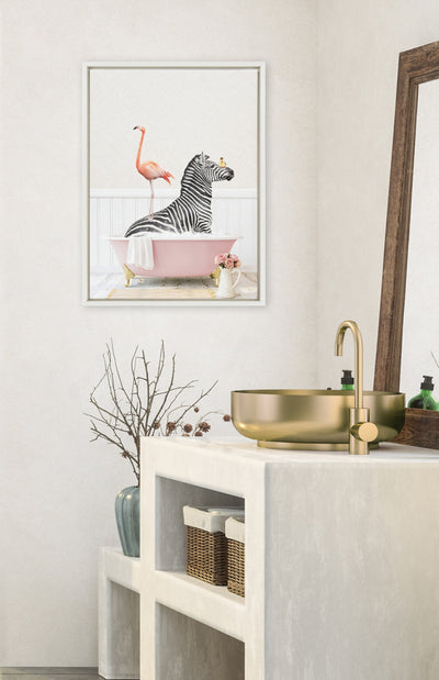 Sylvie Zebra and Flamingo in Cottage Rose Bathtub Framed Canvas by Amy Peterson