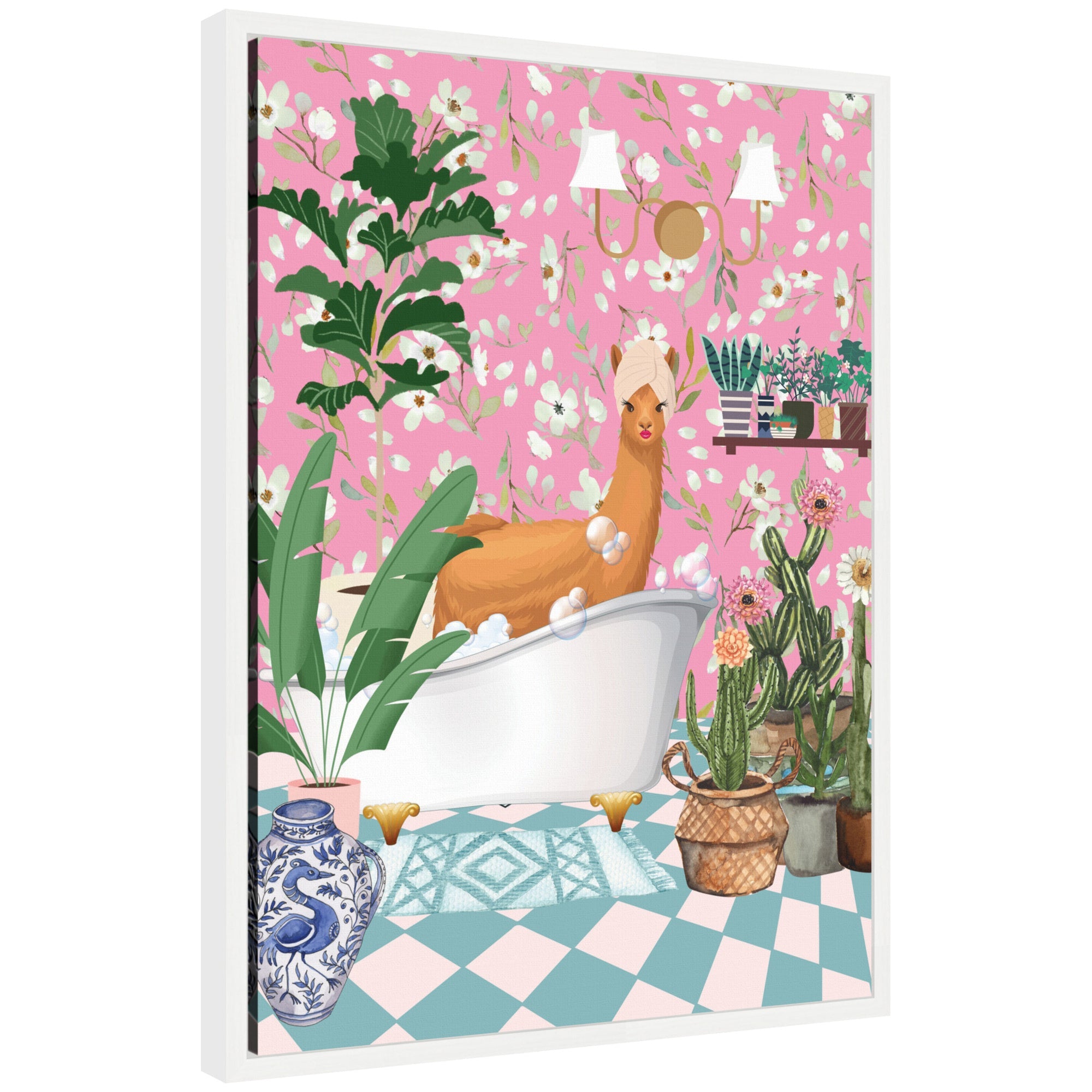 Sylvie Maximalist Llama Bath framed canvas with a white vintage beaded frame