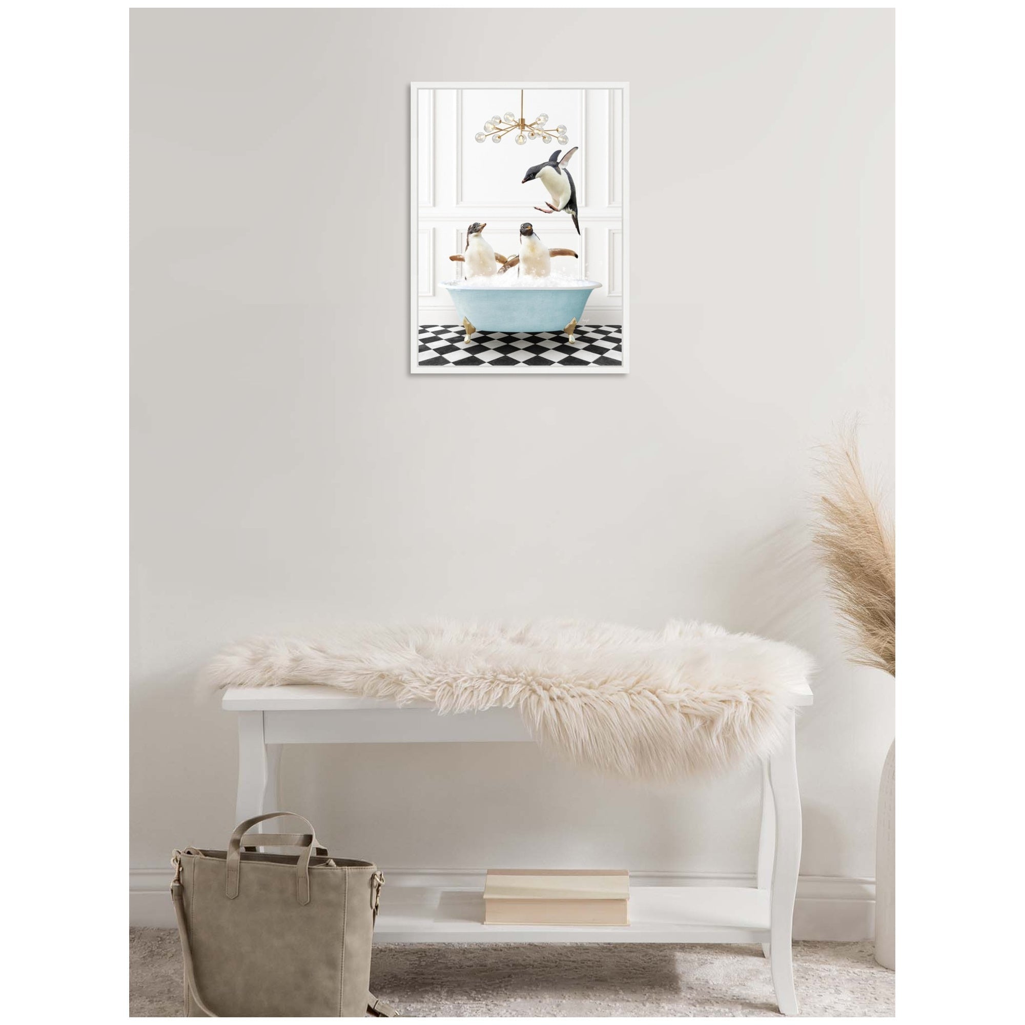 Sylvie Penguins in Blue Bathtub on Checker Floor Framed Canvas by Amy Peterson