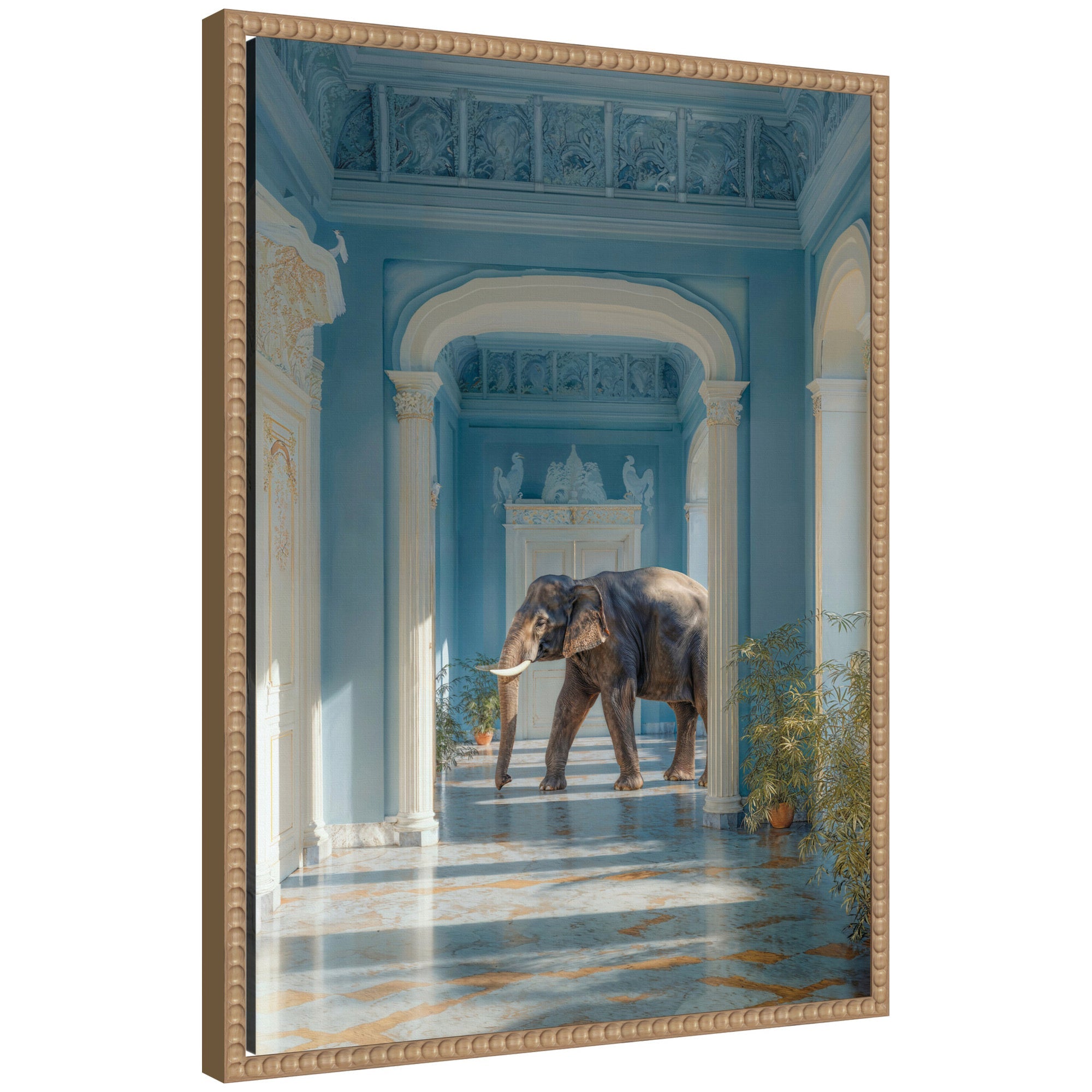 Elephant Strolling Through the Blue Wing framed canvas wall art by Michael Schauer