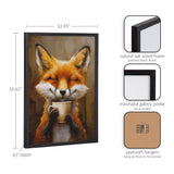 Painting of a content fox holding a white coffee cup, set in a black natural oak frame with minimalist gallery profile and sawtooth hangers, dimensions 12.65x16.65 inches.