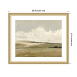 Framed landscape painting of rolling beige and muted green meadows under a cloudy gray sky, with dark tree silhouettes near the horizon