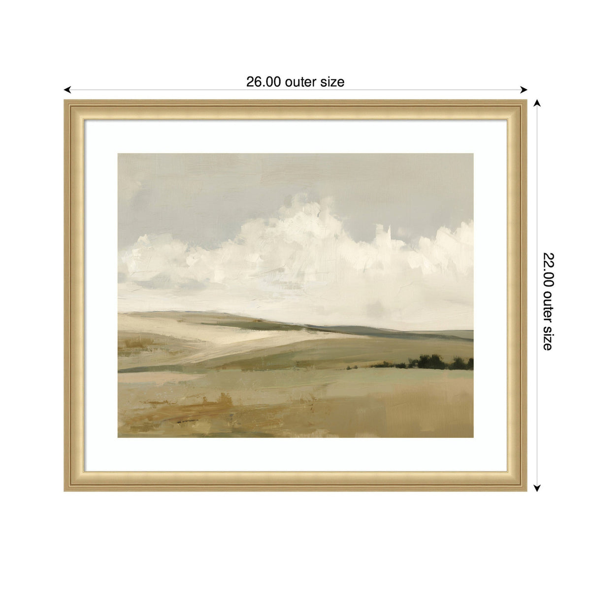 Framed landscape painting of rolling beige and muted green meadows under a cloudy gray sky, with dark tree silhouettes near the horizon