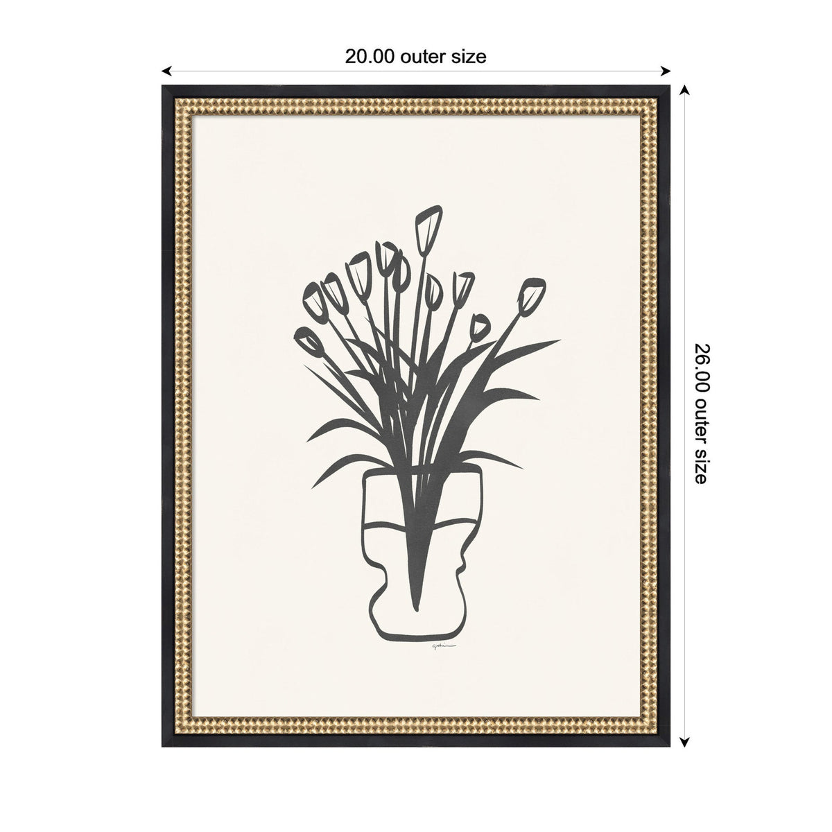 Black stylized tulip bouquet illustrated in a vase on a cream background, framed with a decorative black and gold frame measuring 20 by 26 inches.
