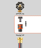 Five-piece quick connect starter set showing brass valve handle, grey snap connector, orange-and-black quick connect with threaded end, and brass female hose connector, aligned vertically with arrows.