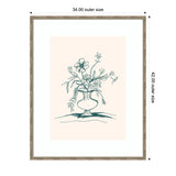 Minimalist line drawing of various summer flowers in a round-bottomed vase against a soft peach background, framed in natural wood with outer dimensions 34x42 inches.