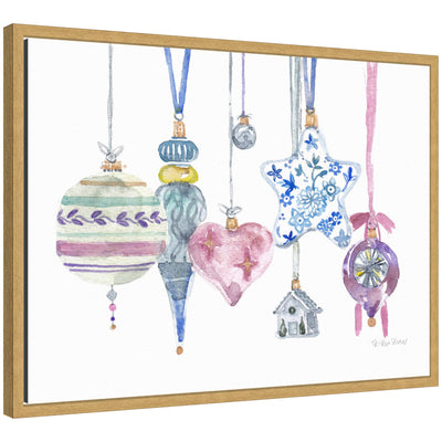 Framed canvas print of watercolor-painted vintage hanging ornaments including star, heart, and house designs