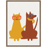 Illustration of a yellow cat with red glasses sitting beside a brown dog wearing blue glasses, both looking forward, on a white background framed in wood.