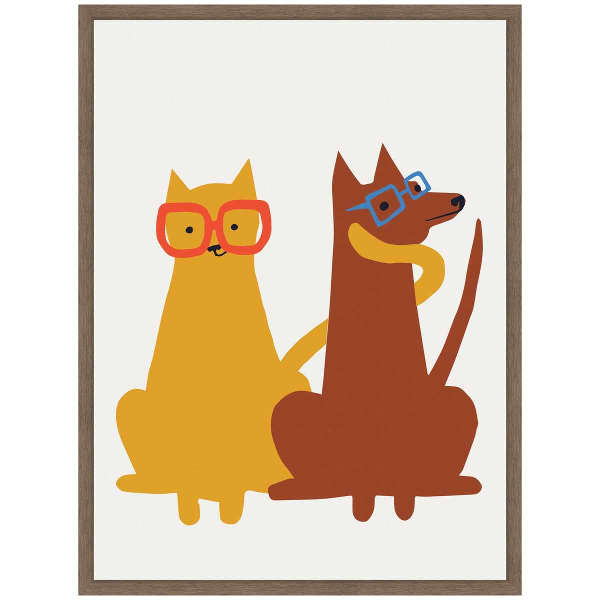 Illustration of a yellow cat with red glasses sitting beside a brown dog wearing blue glasses, both looking forward, on a white background framed in wood.