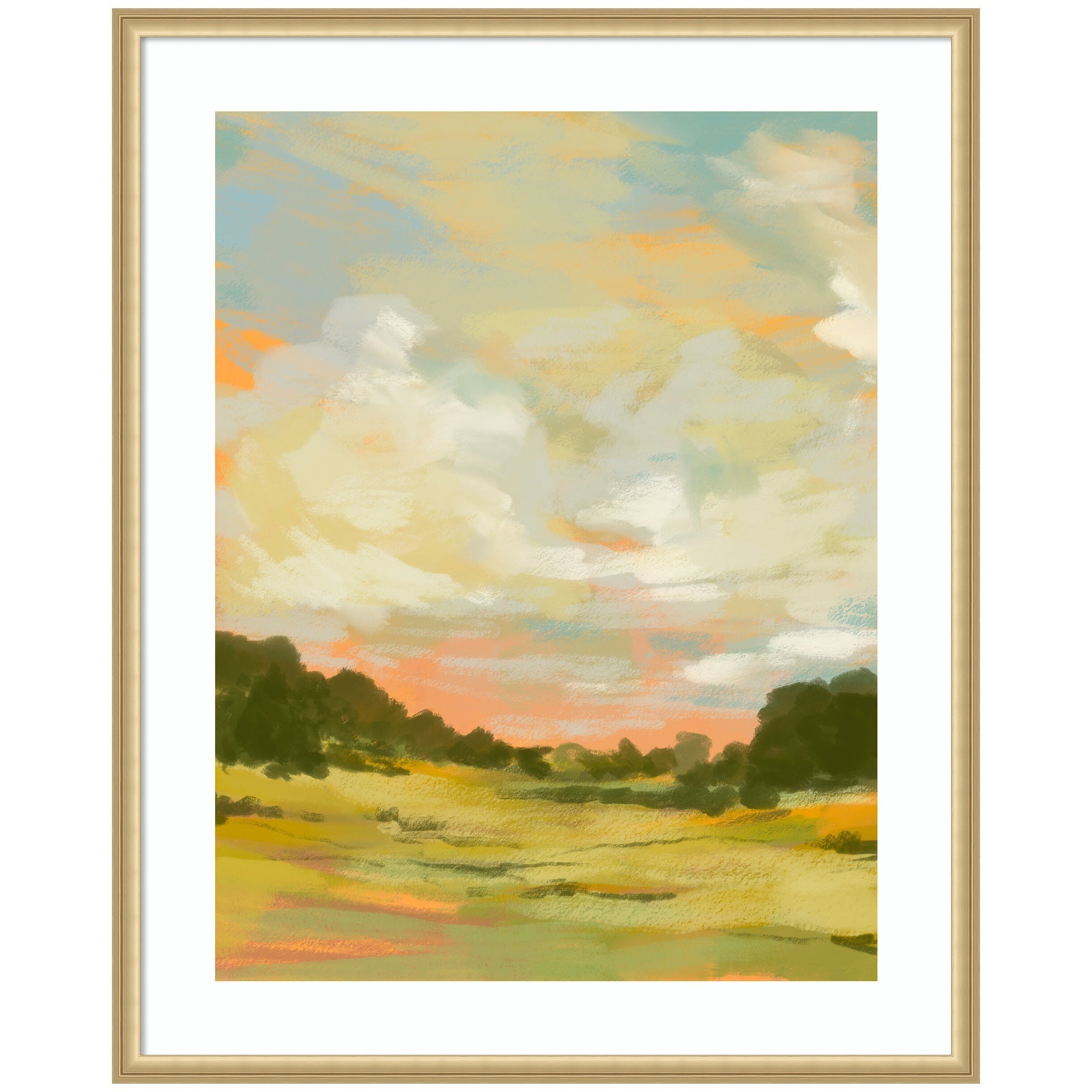 Framed Art Landscape 2 by Annie Quigley depicting expansive fields under a pastel sky in Florence Gold frame
