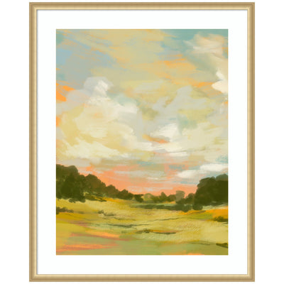 Framed Art Landscape 2 by Annie Quigley depicting expansive fields under a pastel sky in Florence Gold frame