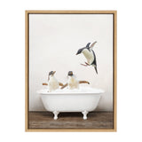 Sylvie Penguins Playing in Rustic Bath Framed Canvas