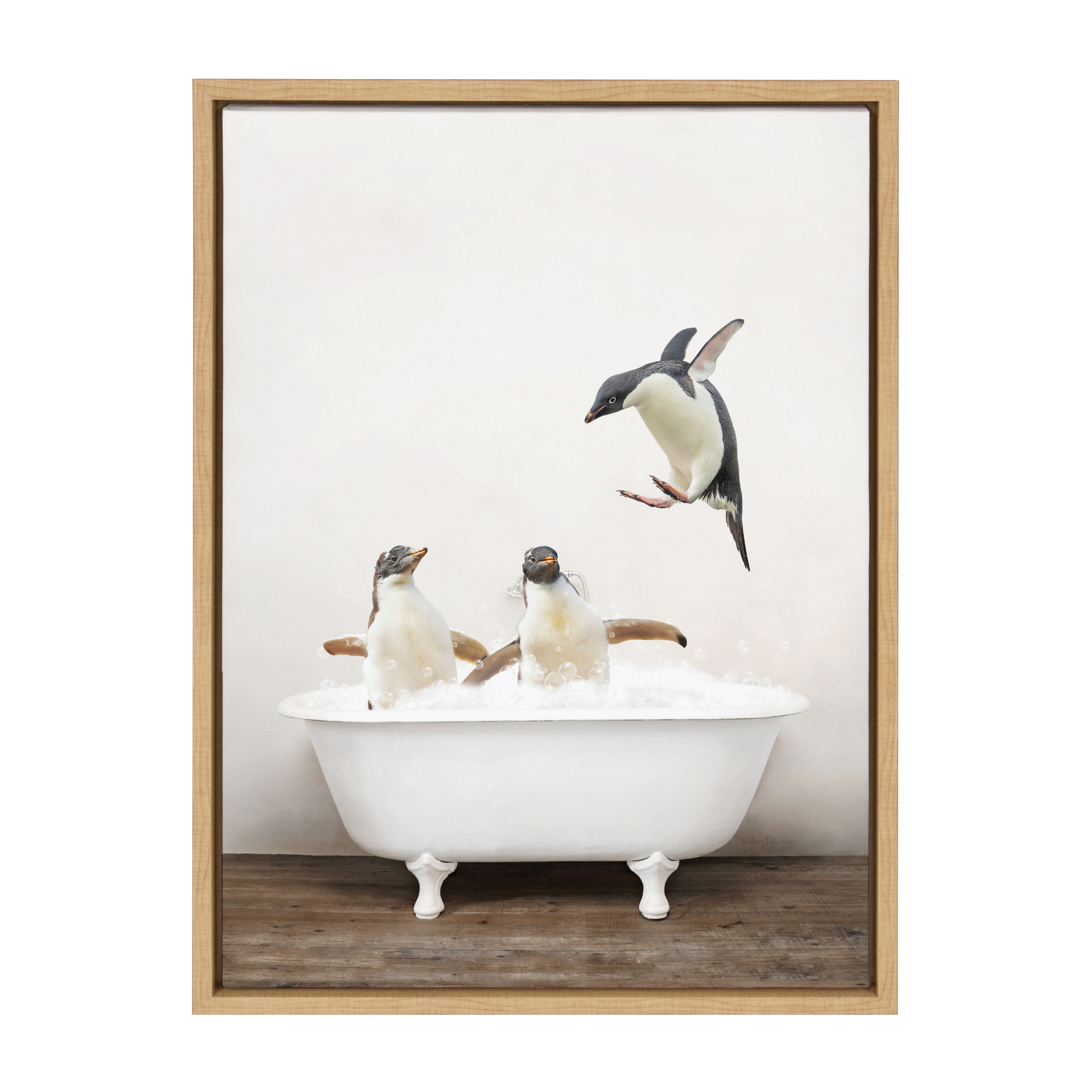 Sylvie Penguins Playing in Rustic Bath Framed Canvas
