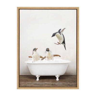 Sylvie Penguins Playing in Rustic Bath Framed Canvas