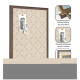 Rectangular beige pinboard with brown frame, featuring a stitched diamond lattice pattern and holding two black-and-white photos pinned at the center.