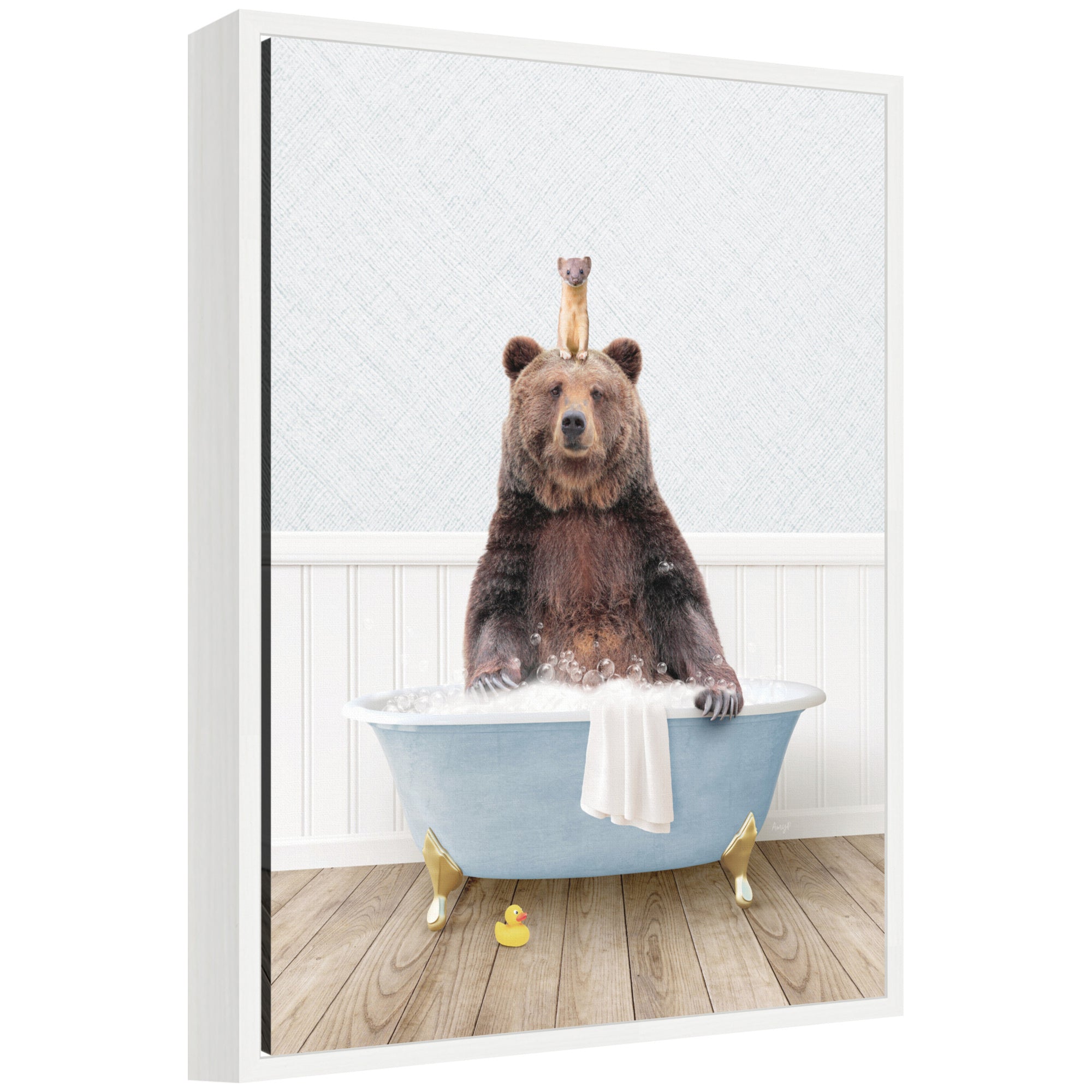Sylvie Bear and Weasel in Cottage Blue Bathtub framed canvas art showing a whimsical scene with a bear and weasel in a blue bathtub
