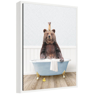 Sylvie Bear and Weasel in Cottage Blue Bathtub framed canvas art showing a whimsical scene with a bear and weasel in a blue bathtub